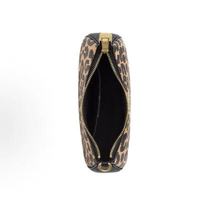 A top-down view of a leopard print cosmetic pouch with a gold zipper and black interior, shown on a white background.