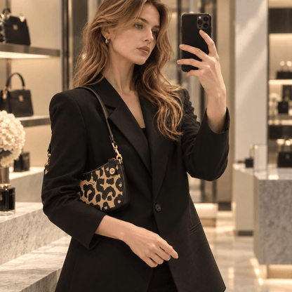 A woman takes a mirror selfie in a luxury handbag boutique, wearing a black blazer and carrying a leopard-print shoulder bag.