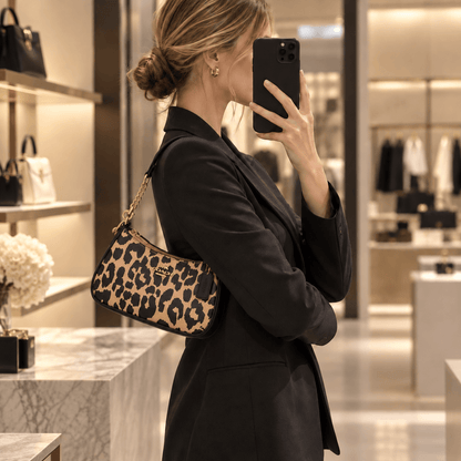 A woman in a black blazer takes a mirror selfie inside a luxury boutique, wearing a leopard print shoulder bag with a gold chain strap. The brand name 'MARC JACOBS' is visible on the bag's leather patch.
