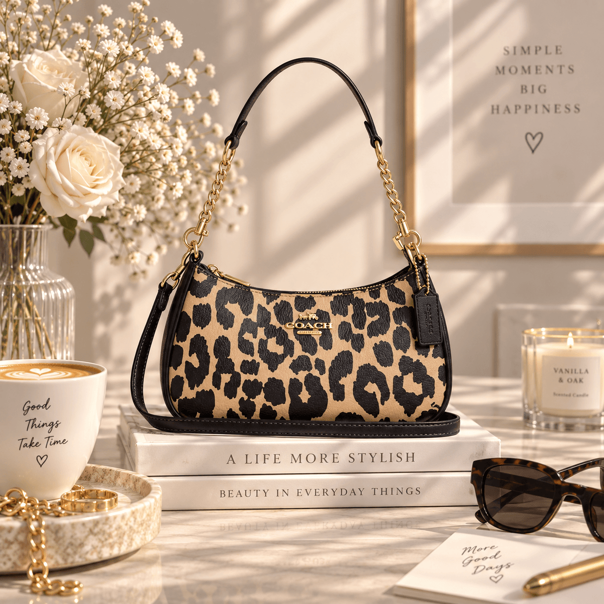A Coach shoulder bag with a beige and black leopard print pattern, black leather trim, and gold-tone chain handles, styled on a marble tabletop with books, flowers, sunglasses, and a coffee cup.