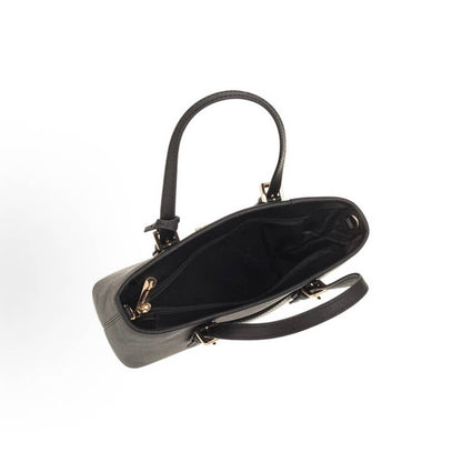 A gray leather handbag shown from an overhead angle, open to reveal a black interior, with a black top handle and a detachable black shoulder strap, accented by gold-tone hardware.