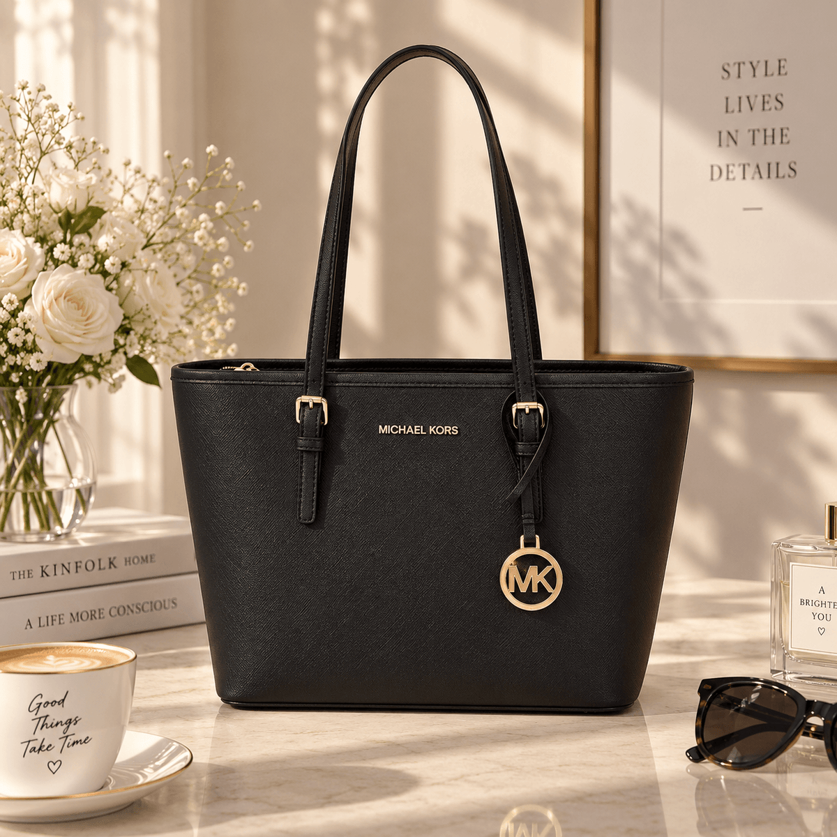 A black Michael Kors tote bag with gold-tone hardware, displayed on a marble tabletop with a coffee cup, sunglasses, flowers, and framed wall art in a styled interior setting.