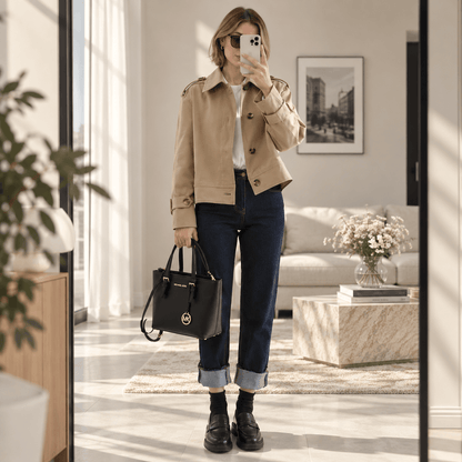 A woman takes a mirror selfie in a bright living room, wearing a beige cropped jacket, dark blue jeans with rolled cuffs, black socks, and black loafers, and holding a black structured handbag.