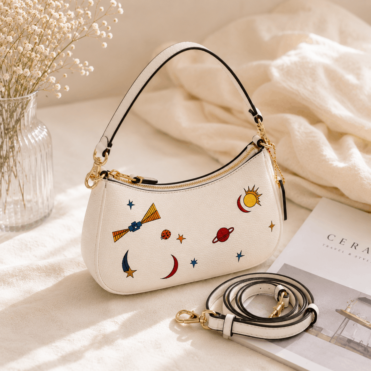 White Space Embroidered Shoulder Bag